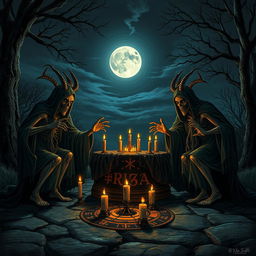 Four liches performing a dark and mysterious ritual outside under the night sky, with a full moon visible