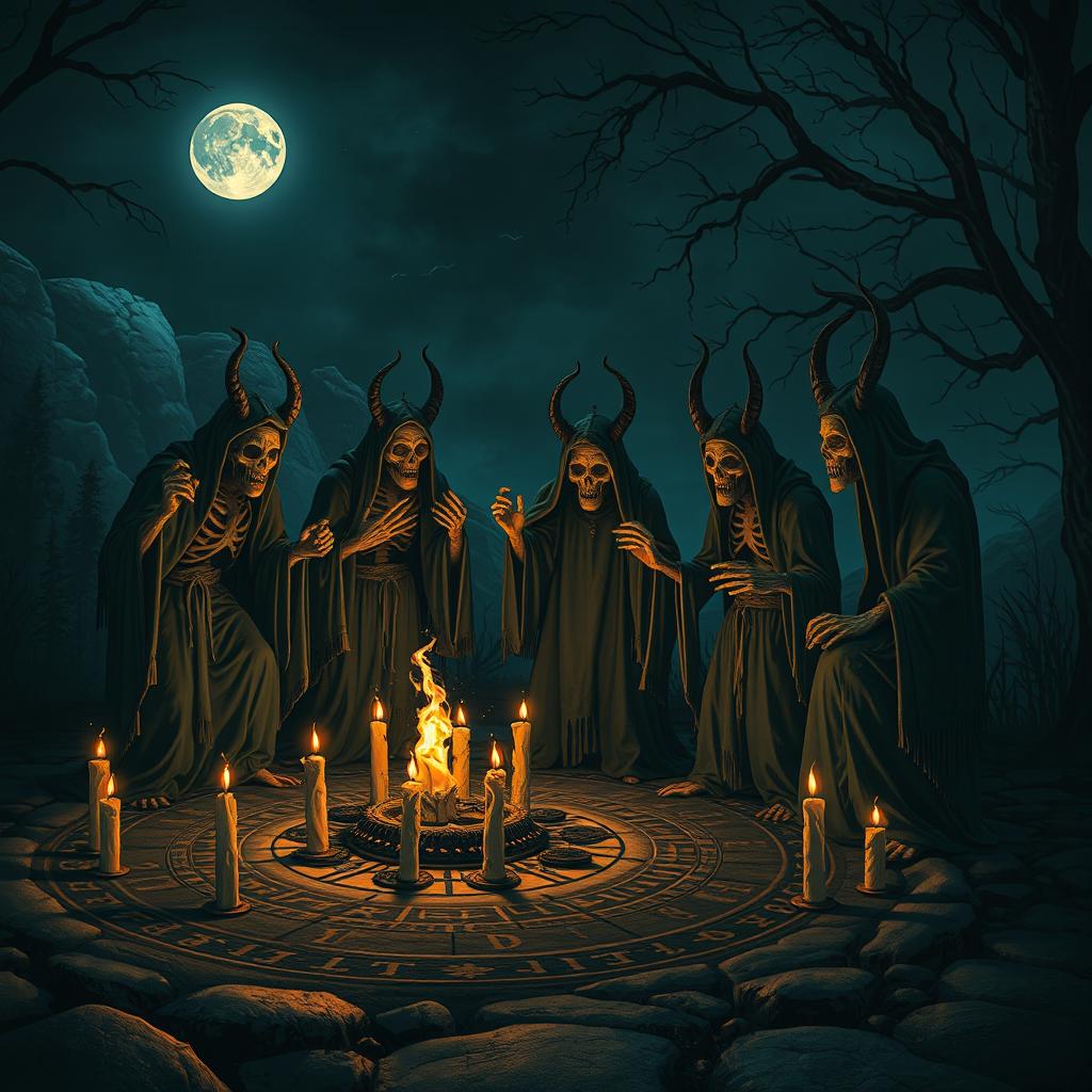 Four liches performing a dark and mysterious ritual outside under the night sky, with a full moon visible