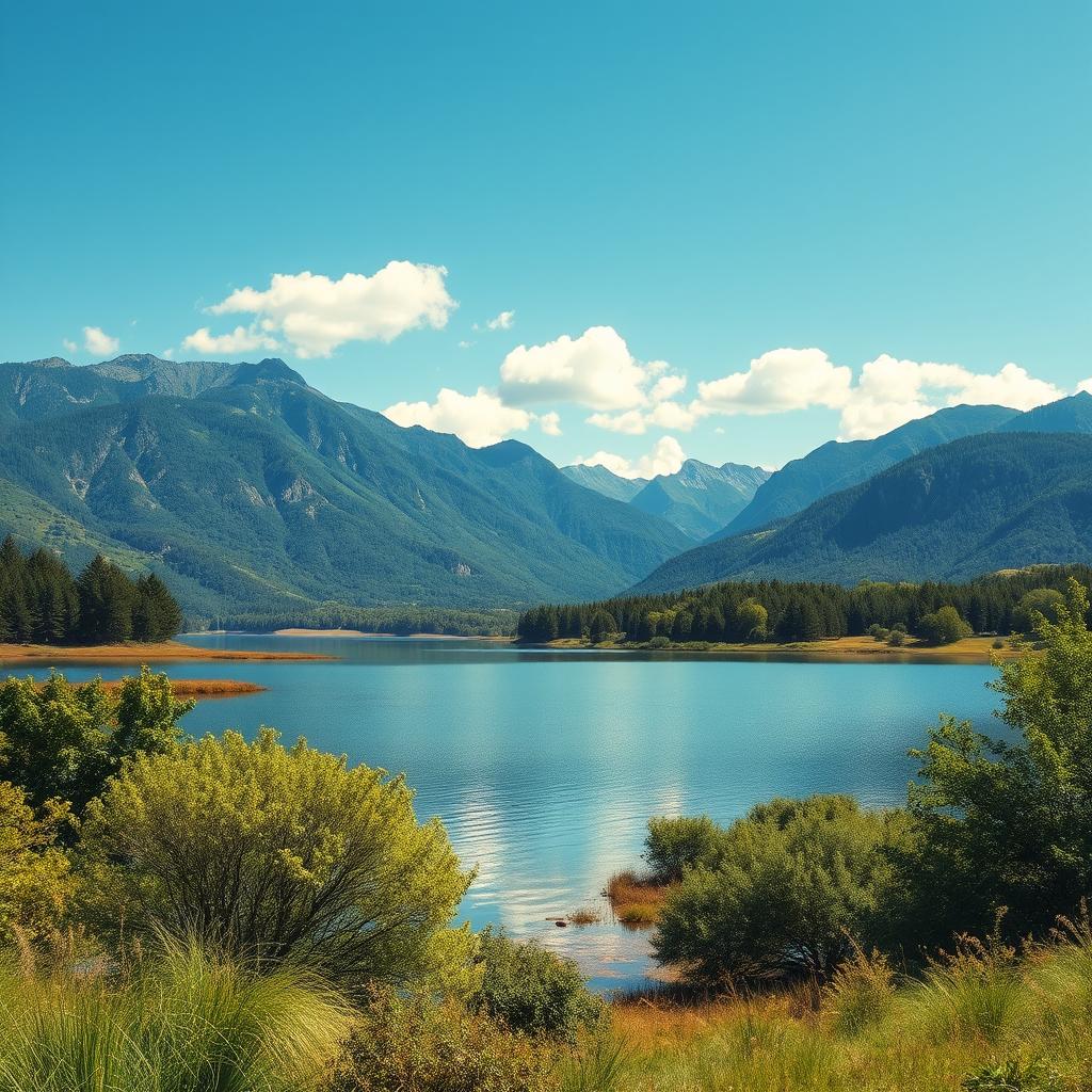 Create an image of a serene landscape featuring a calm lake surrounded by lush greenery and mountains in the background, under a clear blue sky with a few fluffy clouds