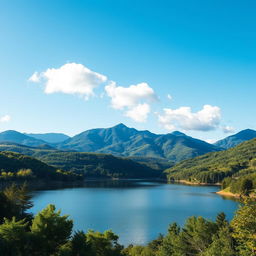 Create an image of a serene landscape featuring a calm lake surrounded by lush greenery and mountains in the background, under a clear blue sky with a few fluffy clouds