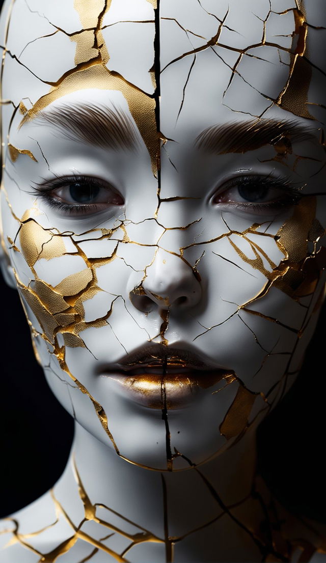 A high-definition image of a glossy porcelain face with gold cracks representing Kintsugi art, dramatically lit for an award-winning photograph.