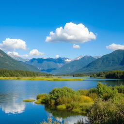 Create an image of a serene landscape featuring a calm lake surrounded by lush greenery and mountains in the background, under a clear blue sky with a few fluffy clouds