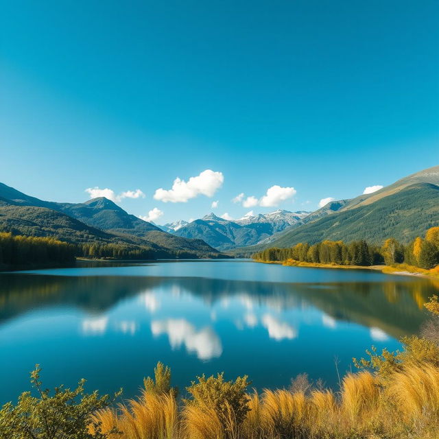 Create an image of a serene landscape featuring a calm lake surrounded by lush greenery and mountains in the background, under a clear blue sky with a few fluffy clouds