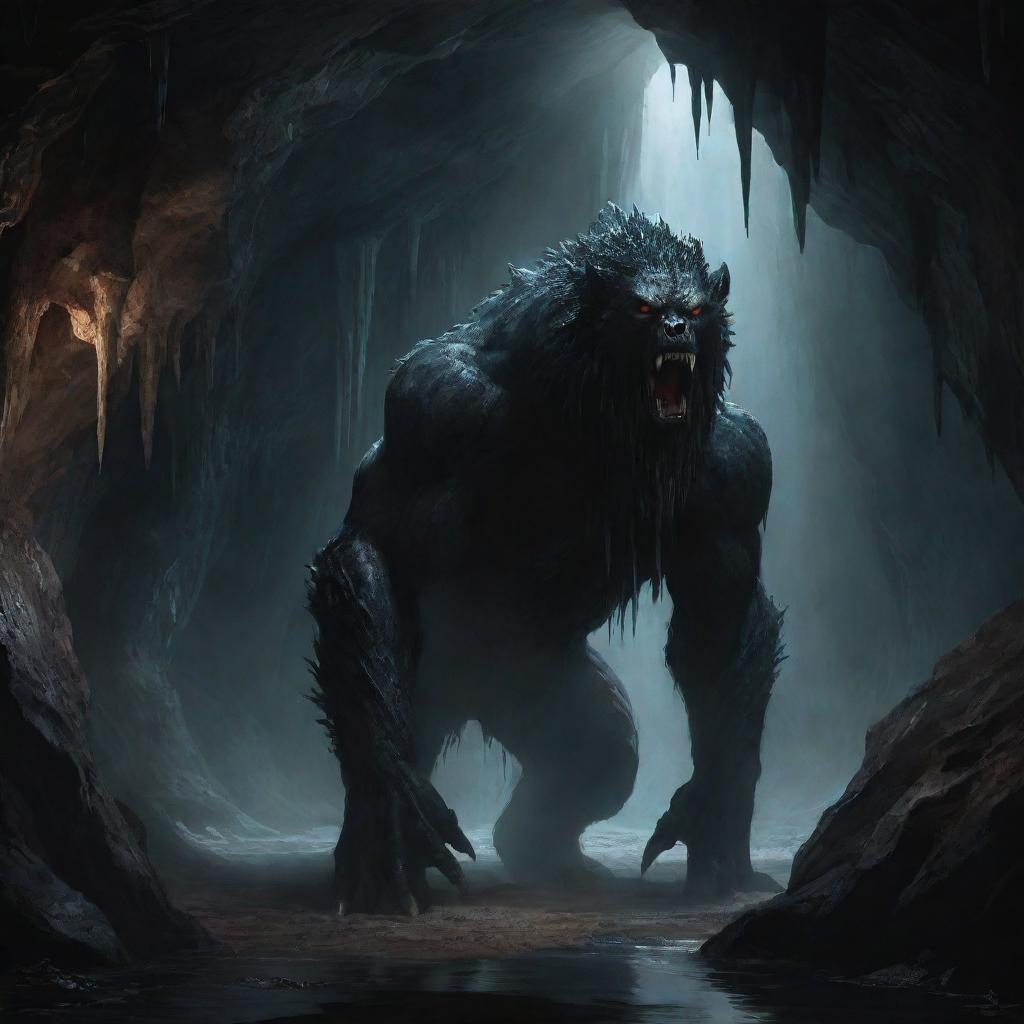 An intimidating dark beast, shrouded in shadows, lurks within the chilling depths of a stalactite-filled cave.