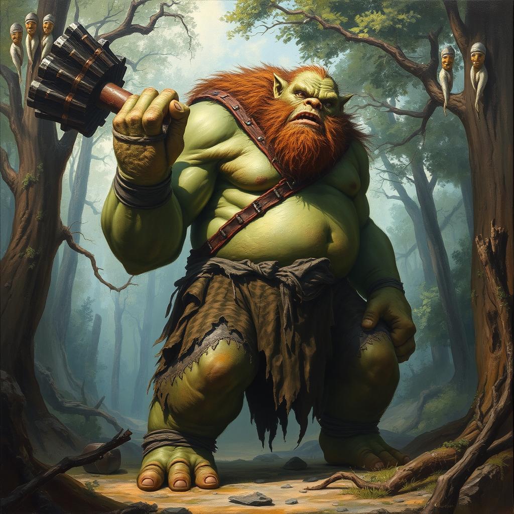 A detailed painting of a giant ogre armed with a massive club, looking to the right