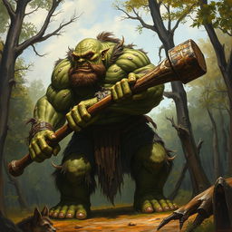 A detailed painting of a giant ogre armed with a massive club, looking to the right