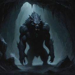 An intimidating dark beast, shrouded in shadows, lurks within the chilling depths of a stalactite-filled cave.