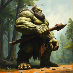 A detailed painting of a giant ogre armed with a massive club, looking to the right