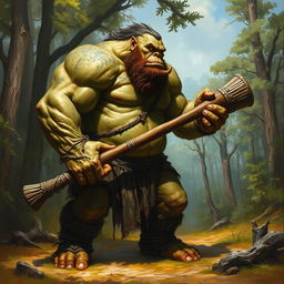 A detailed painting of a giant ogre armed with a massive club, looking to the right