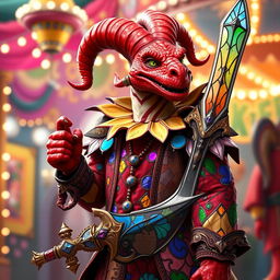 A tall red dragonborn dressed in a vibrant, colorful jester outfit adorned with various patterns