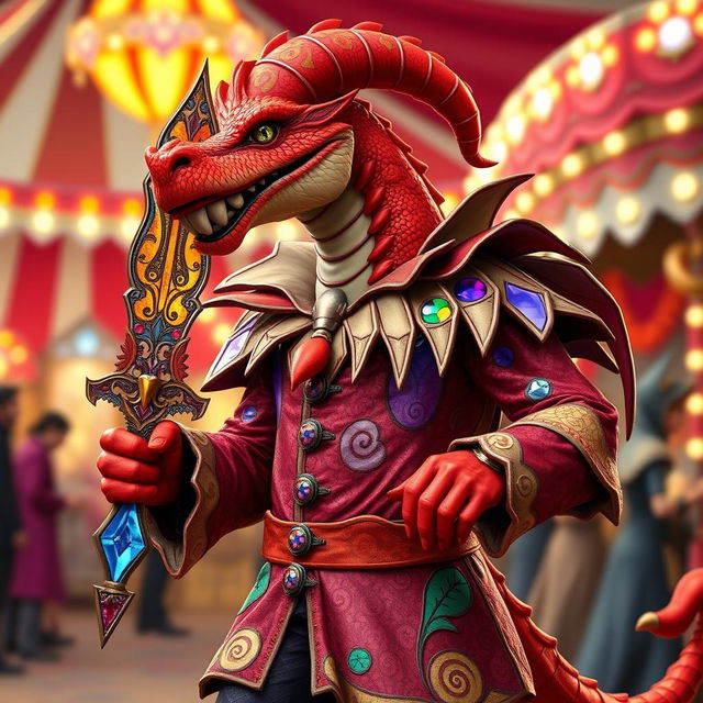 A tall red dragonborn dressed in a vibrant, colorful jester outfit adorned with various patterns