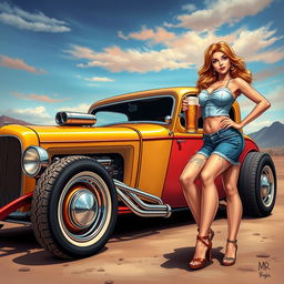 Create a detailed image featuring a classic hot rod car, a pretty girl, and a beer