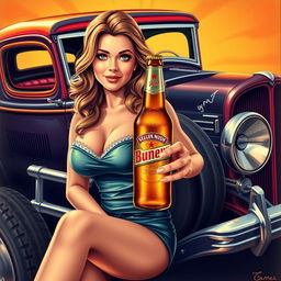 Create a detailed image featuring a classic hot rod car, a pretty girl, and a beer