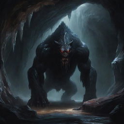 An intimidating dark beast, shrouded in shadows, lurks within the chilling depths of a stalactite-filled cave.