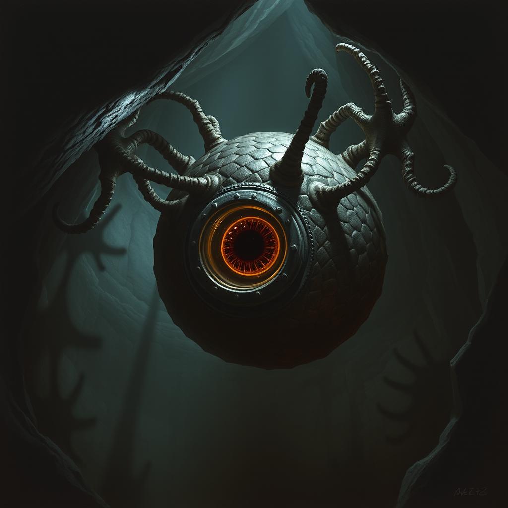 A beholder in a dark cave, its central eye wide open