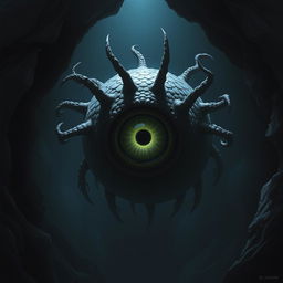 A beholder in a dark cave, its central eye wide open