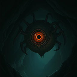 A beholder in a dark cave, its central eye wide open