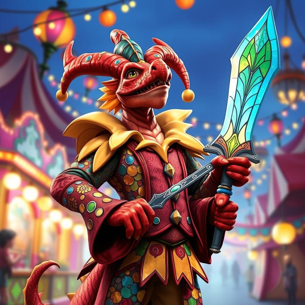 A tall red dragonborn dressed in a vibrant, colorful jester outfit adorned with various patterns