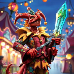 A tall red dragonborn dressed in a vibrant, colorful jester outfit adorned with various patterns