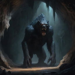 An intimidating dark beast, shrouded in shadows, lurks within the chilling depths of a stalactite-filled cave.