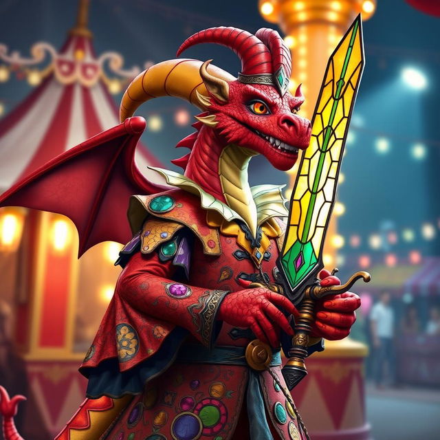 A tall red dragonborn dressed in a vibrant, colorful jester outfit adorned with various patterns