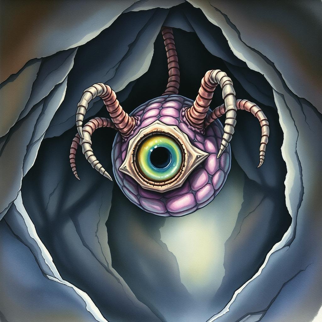 A watercolor painting of a beholder in a dark cave, its central eye wide open