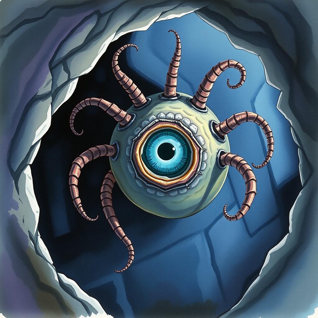 A watercolor painting of a beholder in a dark cave, its central eye wide open