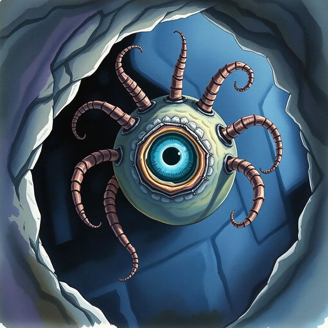 A watercolor painting of a beholder in a dark cave, its central eye wide open