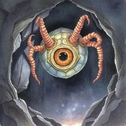 A watercolor painting of a beholder in a dark cave, its central eye wide open