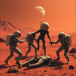 A dramatic scene on Mars where astronauts are being attacked and killed by hostile aliens