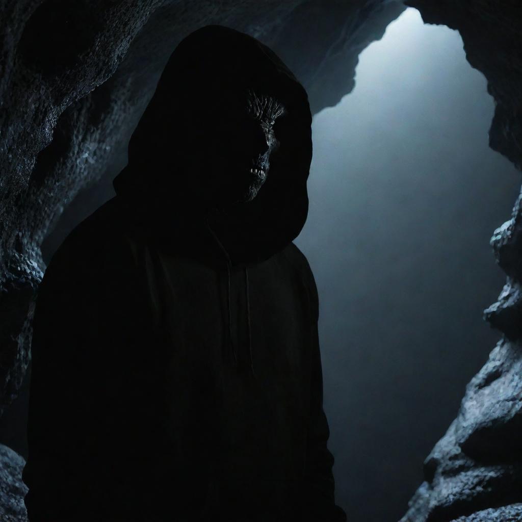 The dark beast, now clad in an oversized, mysterious hoodie, peering out from the shadowy cave filled with stalactites.