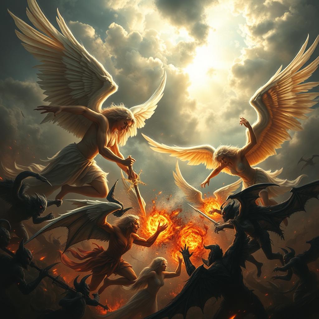 A dramatic scene depicting angels and demons locked in an intense battle