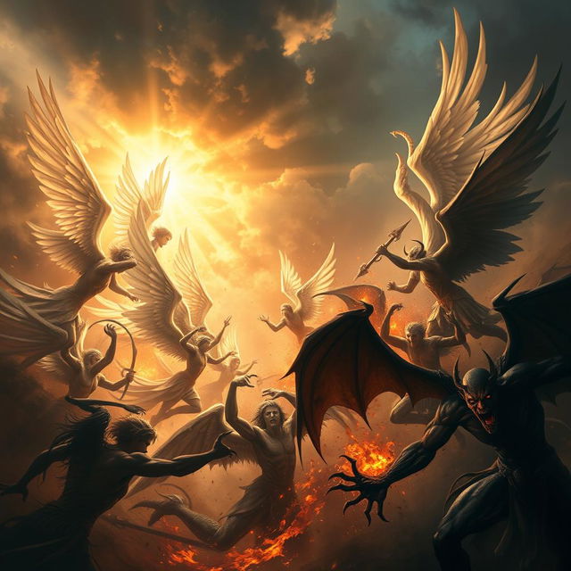 A dramatic scene depicting angels and demons locked in an intense battle