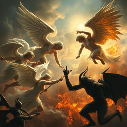 A dramatic scene depicting angels and demons locked in an intense battle