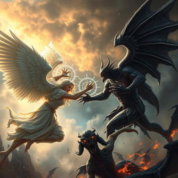 A dramatic scene depicting angels and demons locked in an intense battle