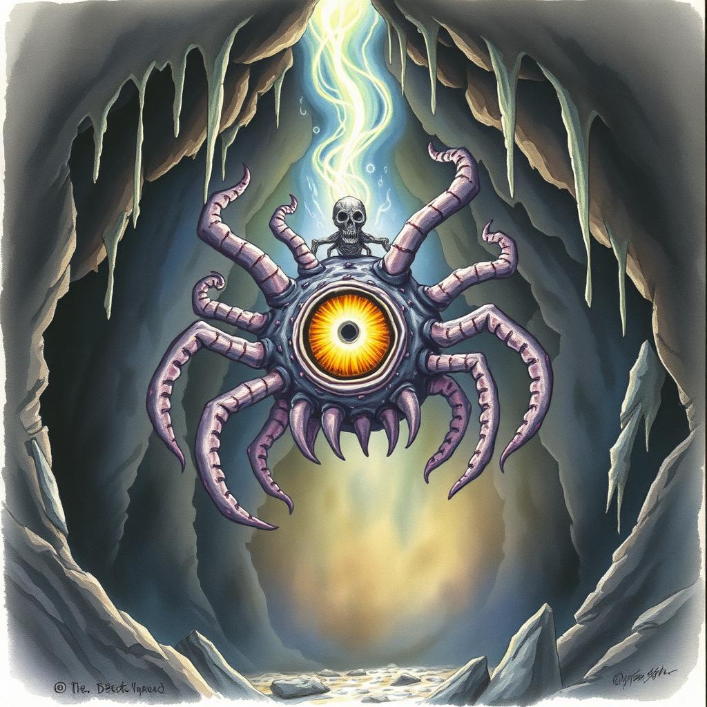 A watercolor painting depicting a beholder in a cave, its central eye wide open, using magic