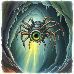 A watercolor painting depicting a beholder in a cave, its central eye wide open, using magic