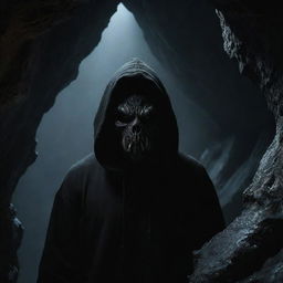 The dark beast, now clad in an oversized, mysterious hoodie, peering out from the shadowy cave filled with stalactites.