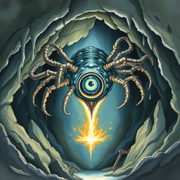 A watercolor painting depicting a beholder in a cave, its central eye wide open, using magic