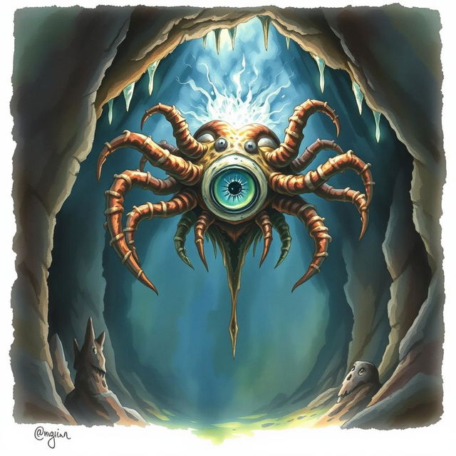 A watercolor painting depicting a beholder in a cave, its central eye wide open, using magic