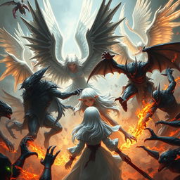 A dramatic scene featuring angels and demons in a fierce battle, with a white-haired girl at the center