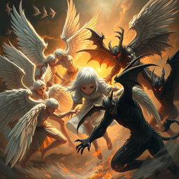 A dramatic scene featuring angels and demons in a fierce battle, with a white-haired girl at the center