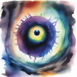 A watercolor painting depicting a beholder in a dark cave, its central eye wide open, using magic