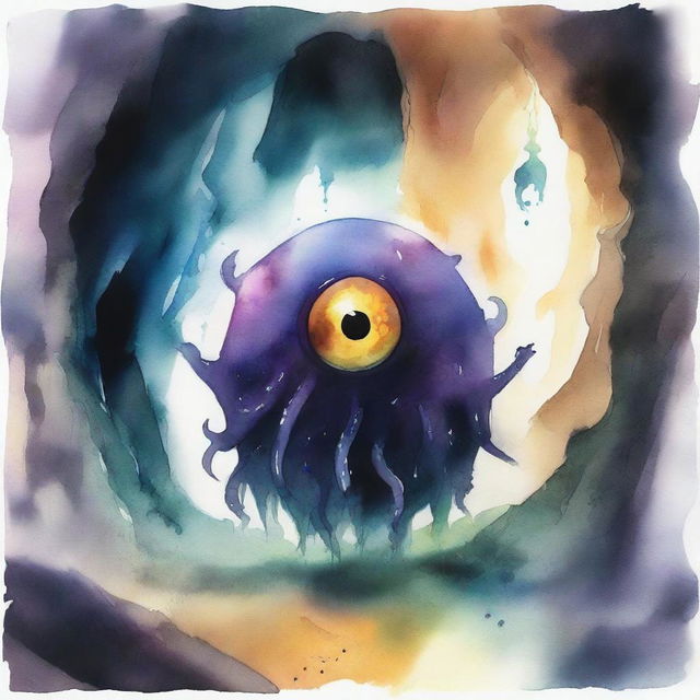 A watercolor painting depicting a beholder in a dark cave, its central eye wide open, using magic