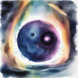 A watercolor painting depicting a beholder in a dark cave, its central eye wide open, using magic