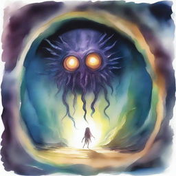 A watercolor painting depicting a beholder in a dark cave, its central eye wide open, using magic