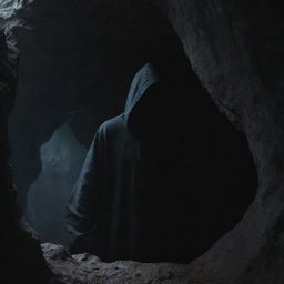 The dark beast, now clad in an oversized, mysterious hoodie, peering out from the shadowy cave filled with stalactites.