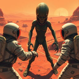 Create an intense scene of four astronauts being attacked by a Martian in a small town on Mars