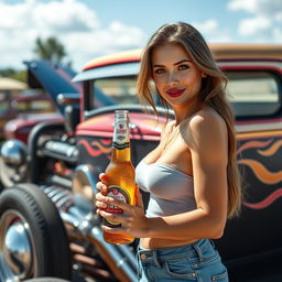 Create a photorealistic image of a hot rod with a pretty girl standing next to it, holding a regular size bottle of beer