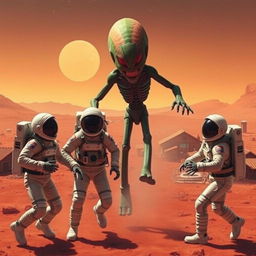 Create an intense scene of four astronauts being attacked by a Martian in a small town on Mars